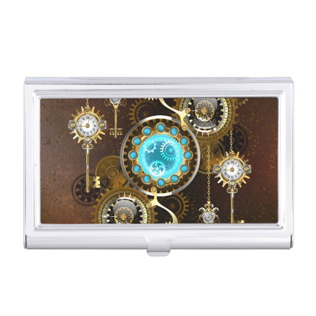 Steampunk Rusty Background with Turquoise Lenses Business Card Case (Front)