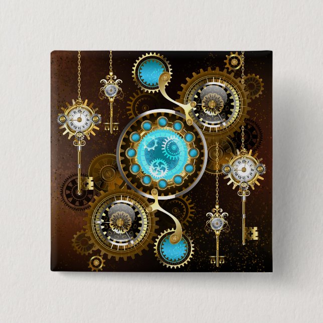 Steampunk Rusty Background with Turquoise Lenses Button (Front)