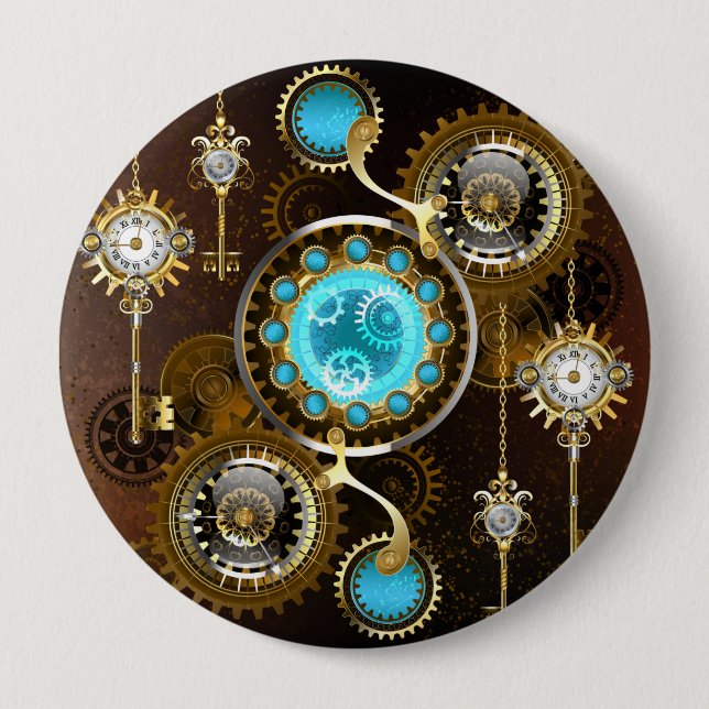Steampunk Rusty Background with Turquoise Lenses Button (Front)