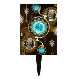 Steampunk Rusty Background with Turquoise Lenses Cake Topper