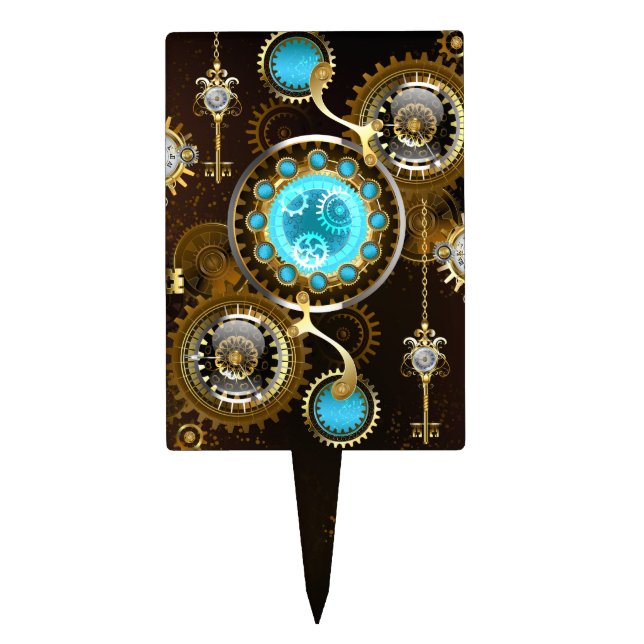 Steampunk Rusty Background with Turquoise Lenses Cake Topper (Front)