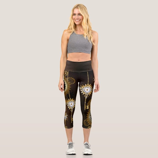 Steampunk Rusty Background with Turquoise Lenses Capri Leggings (Front)