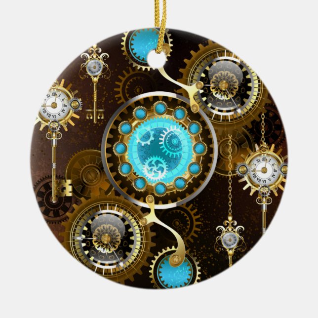 Steampunk Rusty Background with Turquoise Lenses Ceramic Ornament (Front)