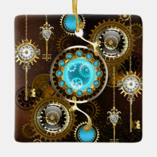 Steampunk Rusty Background with Turquoise Lenses Ceramic Ornament
