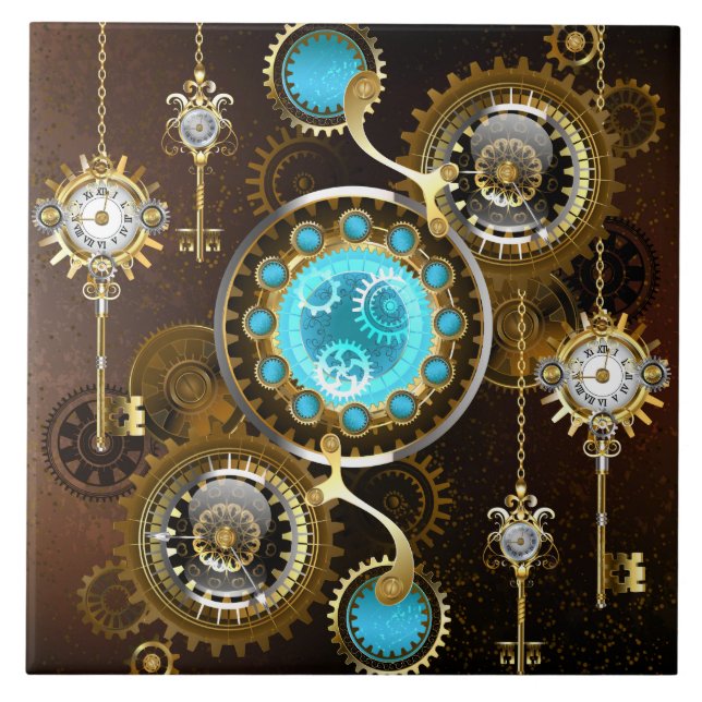 Steampunk Rusty Background with Turquoise Lenses Ceramic Tile (Front)