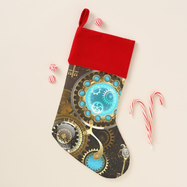 Steampunk Rusty Background with Turquoise Lenses Christmas Stocking (Front)