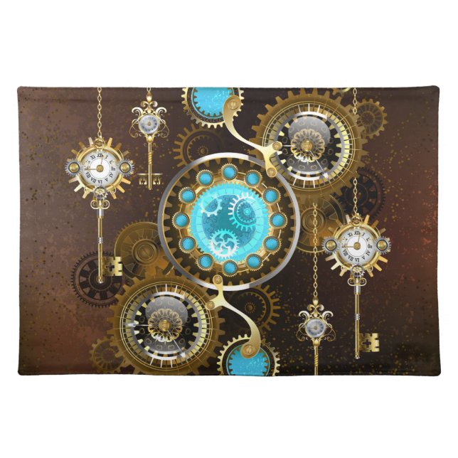 Steampunk Rusty Background with Turquoise Lenses Cloth Placemat (Front)