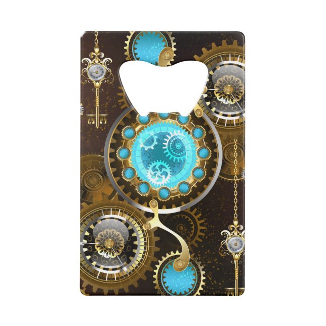 Steampunk Rusty Background with Turquoise Lenses Credit Card Bottle Opener (Front)