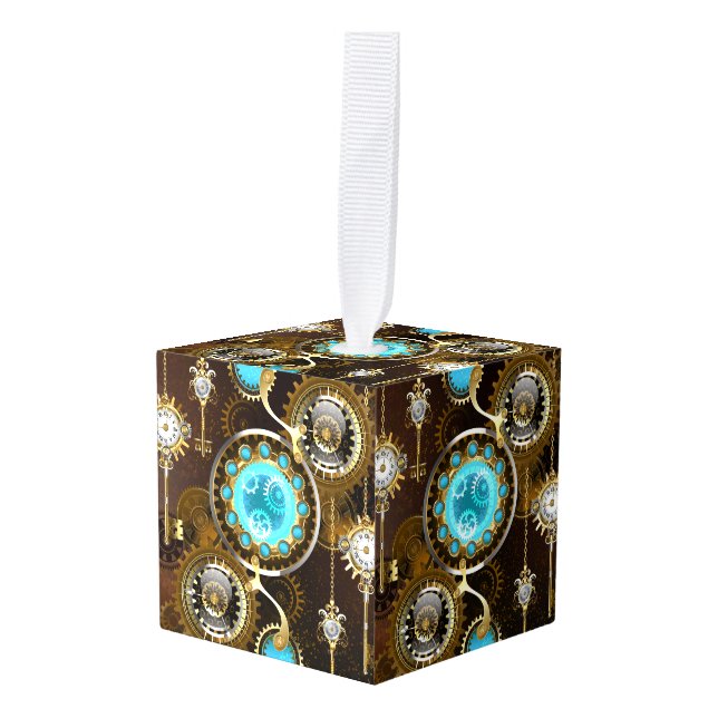 Steampunk Rusty Background with Turquoise Lenses Cube Ornament (Front Angled)