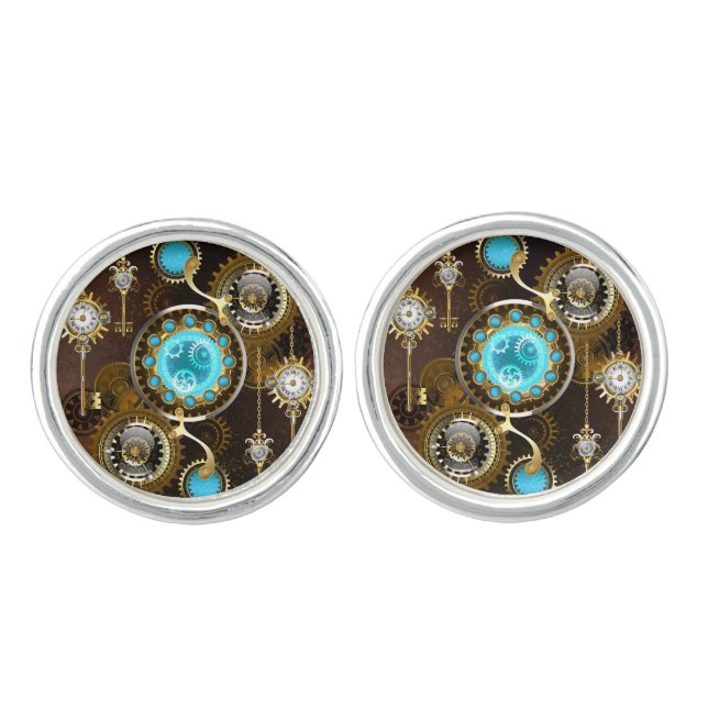 Steampunk Rusty Background with Turquoise Lenses Cufflinks (Front)