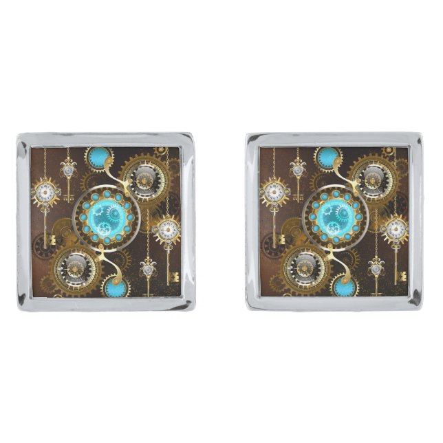 Steampunk Rusty Background with Turquoise Lenses Cufflinks (Front)