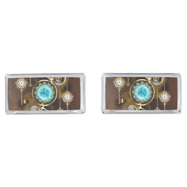 Steampunk Rusty Background with Turquoise Lenses Cufflinks (Front)
