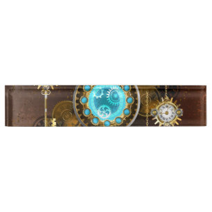 Steampunk Rusty Background with Turquoise Lenses Desk Name Plate