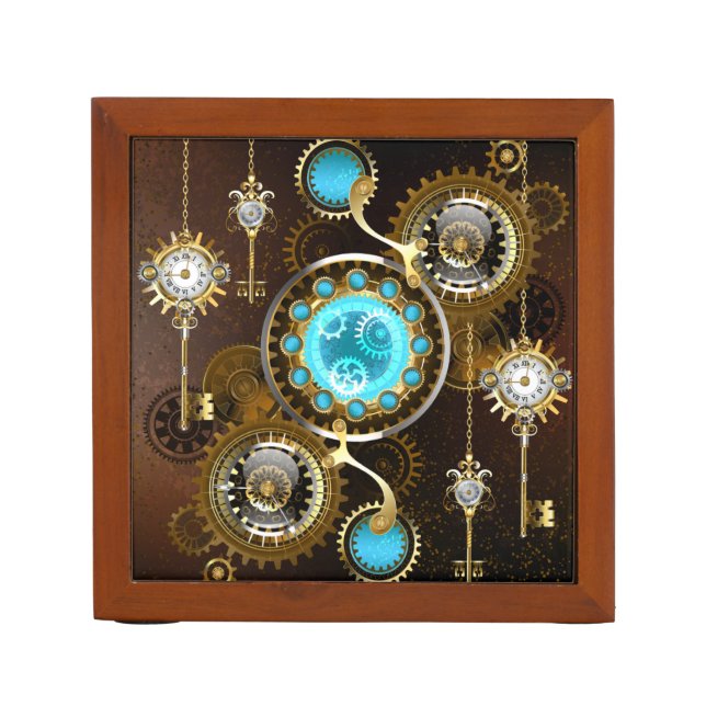 Steampunk Rusty Background with Turquoise Lenses Desk Organizer (Front)