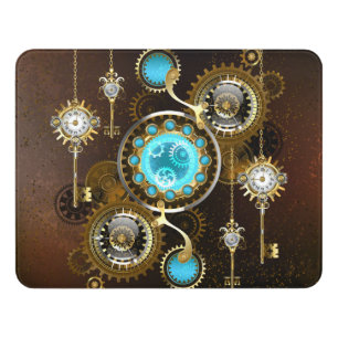 Steampunk Rusty Background with Turquoise Lenses Door Sign