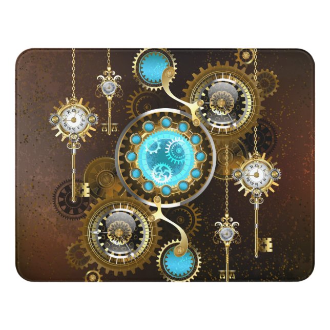 Steampunk Rusty Background with Turquoise Lenses Door Sign (Contemporary Front)