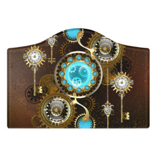 Steampunk Rusty Background with Turquoise Lenses Door Sign