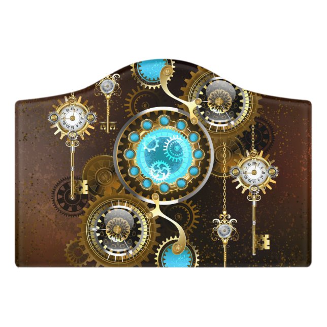 Steampunk Rusty Background with Turquoise Lenses Door Sign (Small Crest Front)