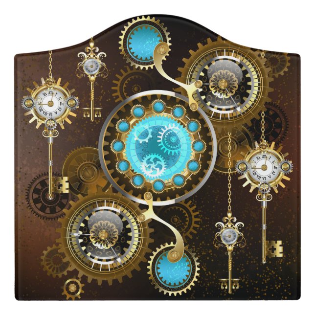 Steampunk Rusty Background with Turquoise Lenses Door Sign (Large Crest Front)