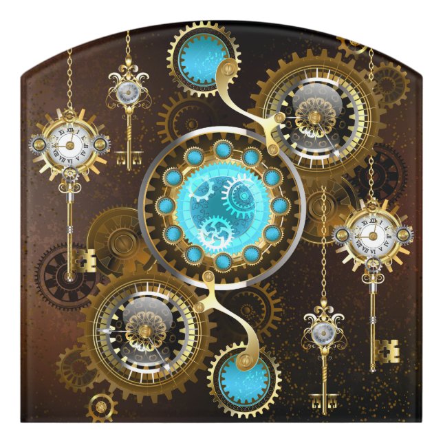 Steampunk Rusty Background with Turquoise Lenses Door Sign (Contour Front)