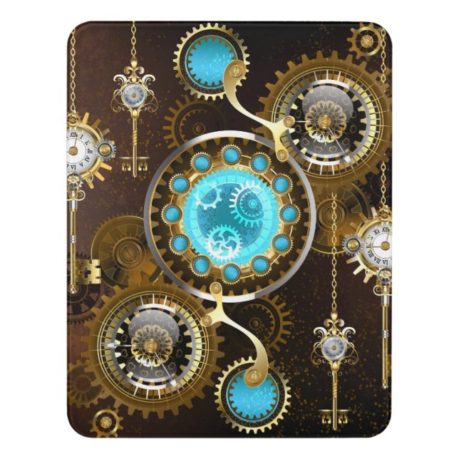 Steampunk Rusty Background with Turquoise Lenses Door Sign (Contemporary Vert)