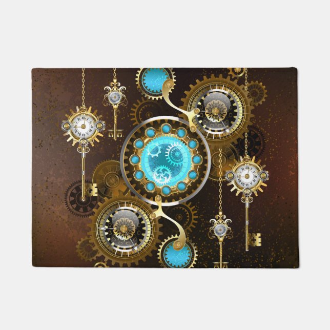 Steampunk Rusty Background with Turquoise Lenses Doormat (Front)