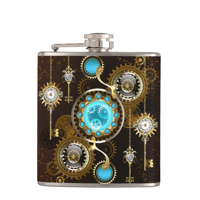 Steampunk Rusty Background with Turquoise Lenses Flask (Front)