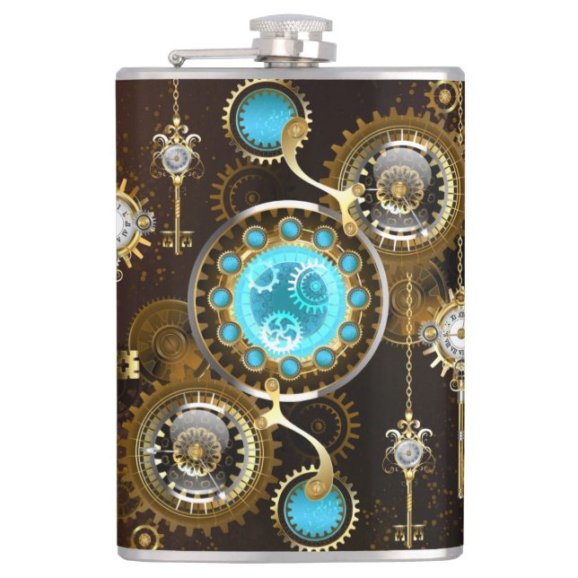 Steampunk Rusty Background with Turquoise Lenses Flask (Front)