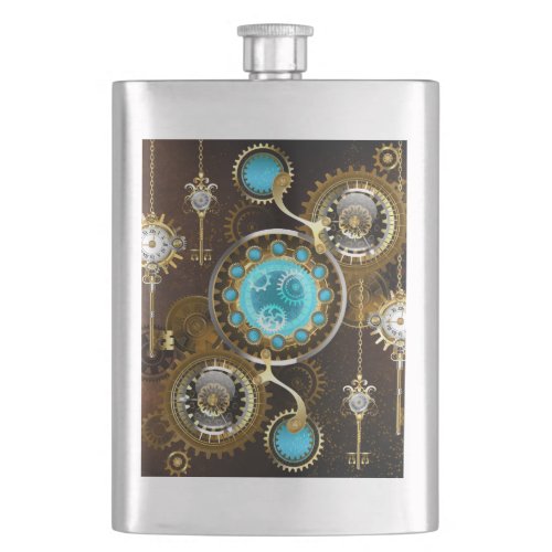 Steampunk Rusty Background with Turquoise Lenses Flask