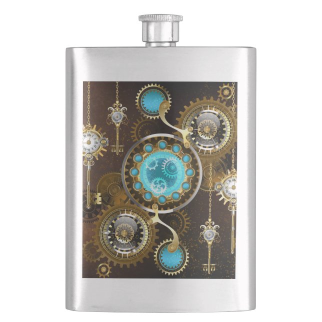 Steampunk Rusty Background with Turquoise Lenses Flask (Front)