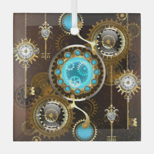 Steampunk Rusty Background with Turquoise Lenses Glass Ornament
