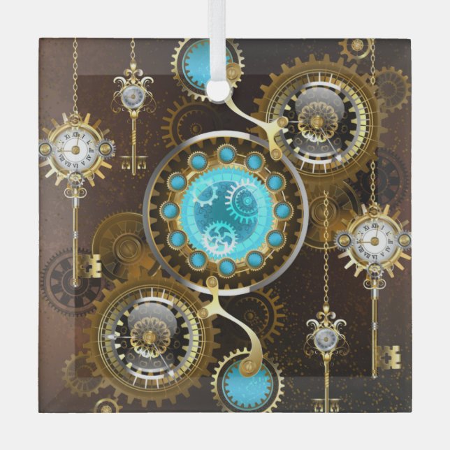 Steampunk Rusty Background with Turquoise Lenses Glass Ornament (Front)