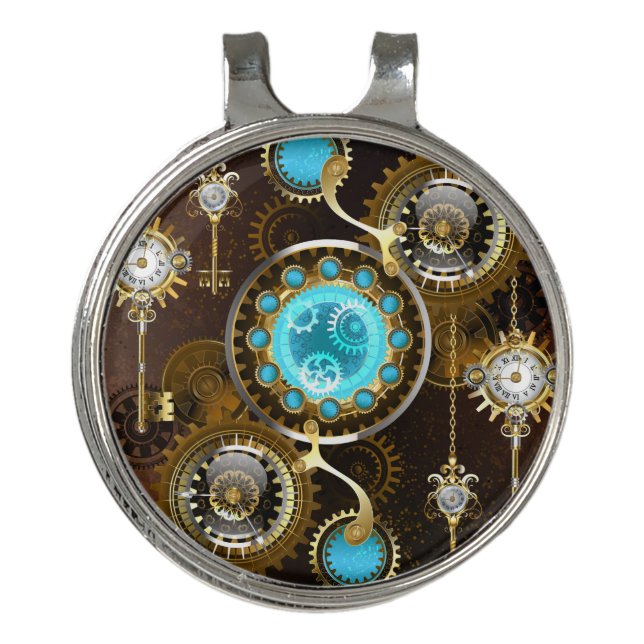 Steampunk Rusty Background with Turquoise Lenses Golf Hat Clip (Front)