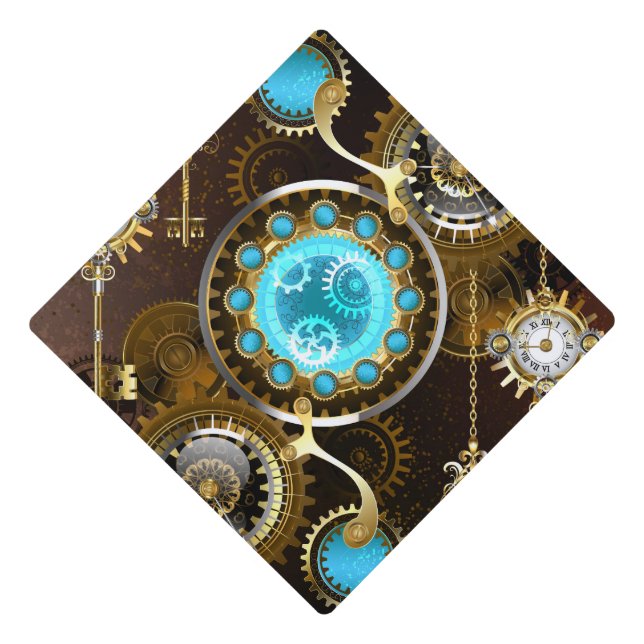 Steampunk Rusty Background with Turquoise Lenses Graduation Cap Topper (Front)