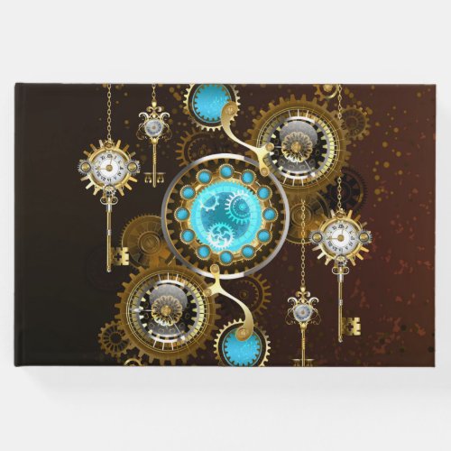 Steampunk Rusty Background with Turquoise Lenses Guest Book