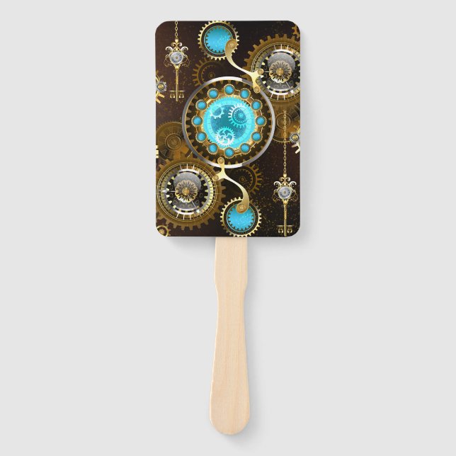 Steampunk Rusty Background with Turquoise Lenses Hand Fan (Front)