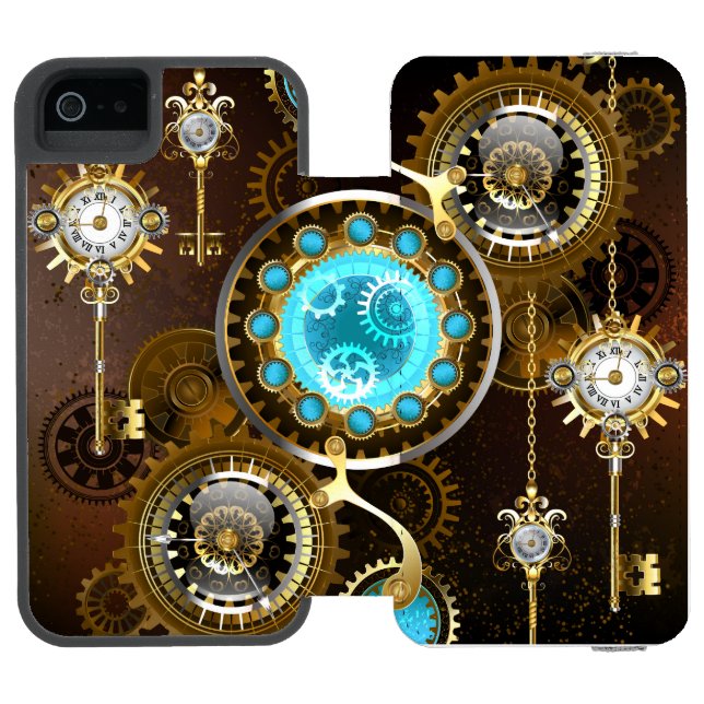 Steampunk Rusty Background with Turquoise Lenses Incipio iPhone Wallet Case (Folio Open)