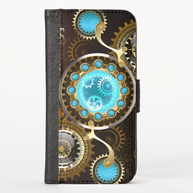 Steampunk Rusty Background with Turquoise Lenses iPhone Wallet Case (Front)