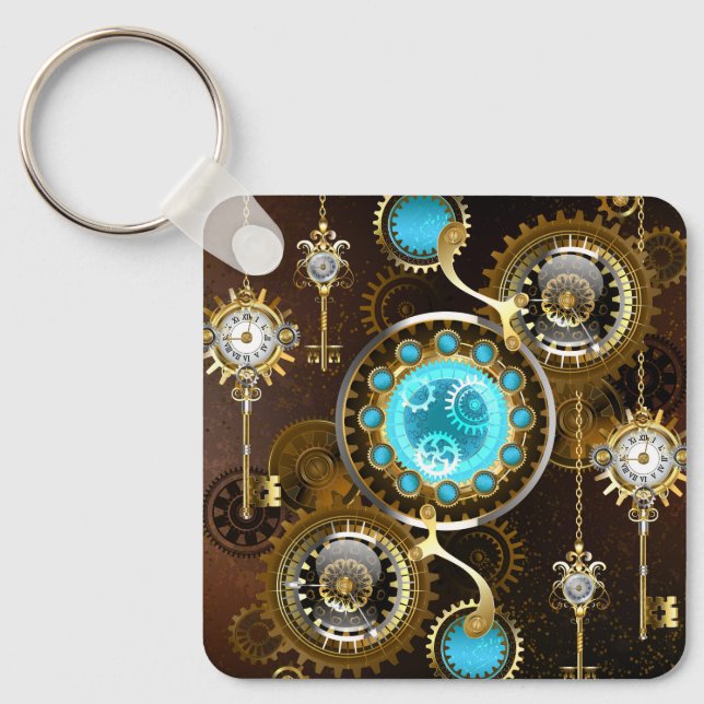 Steampunk Rusty Background with Turquoise Lenses Keychain (Front)