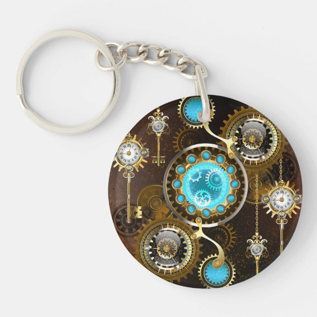 Steampunk Rusty Background with Turquoise Lenses Keychain (Front)