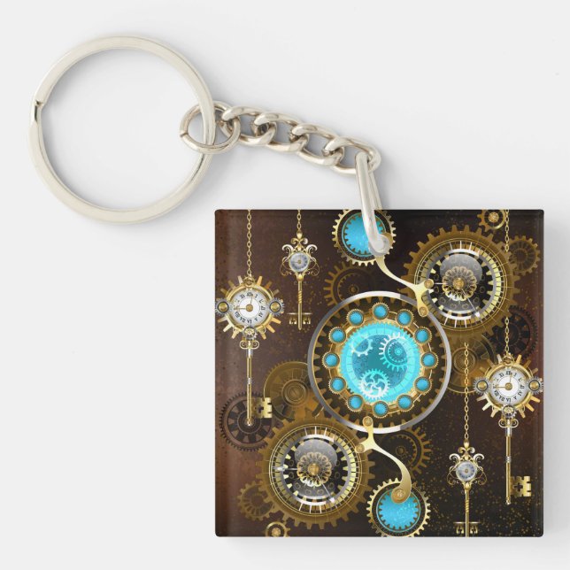 Steampunk Rusty Background with Turquoise Lenses Keychain (Front)