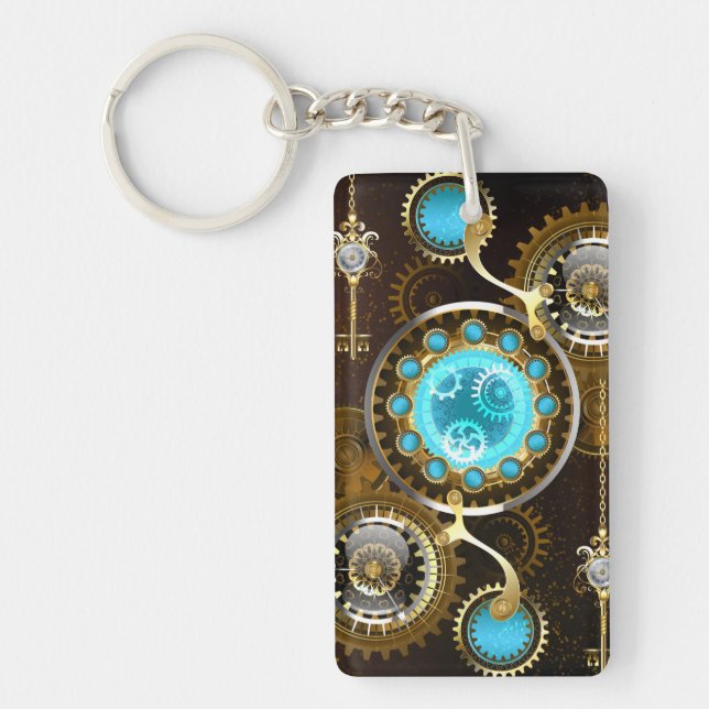 Steampunk Rusty Background with Turquoise Lenses Keychain (Front)