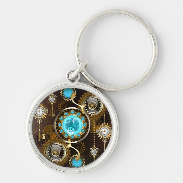 Steampunk Rusty Background with Turquoise Lenses Keychain (Front)