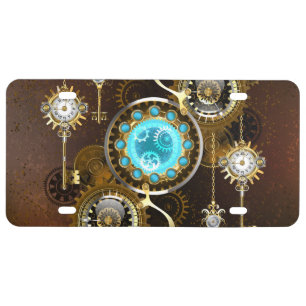 Steampunk Rusty Background with Turquoise Lenses License Plate