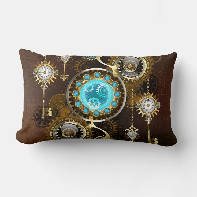 Steampunk Rusty Background with Turquoise Lenses Lumbar Pillow (Front)