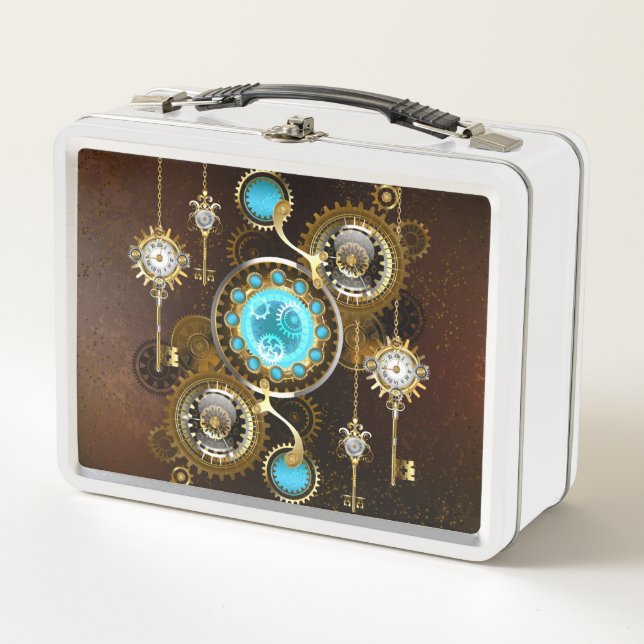 Steampunk Rusty Background with Turquoise Lenses Metal Lunch Box (Front)