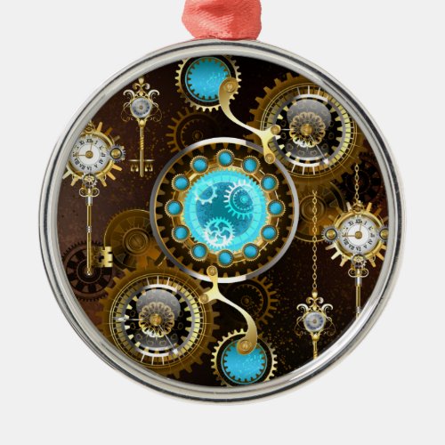 Steampunk Rusty Background with Turquoise Lenses Metal Ornament