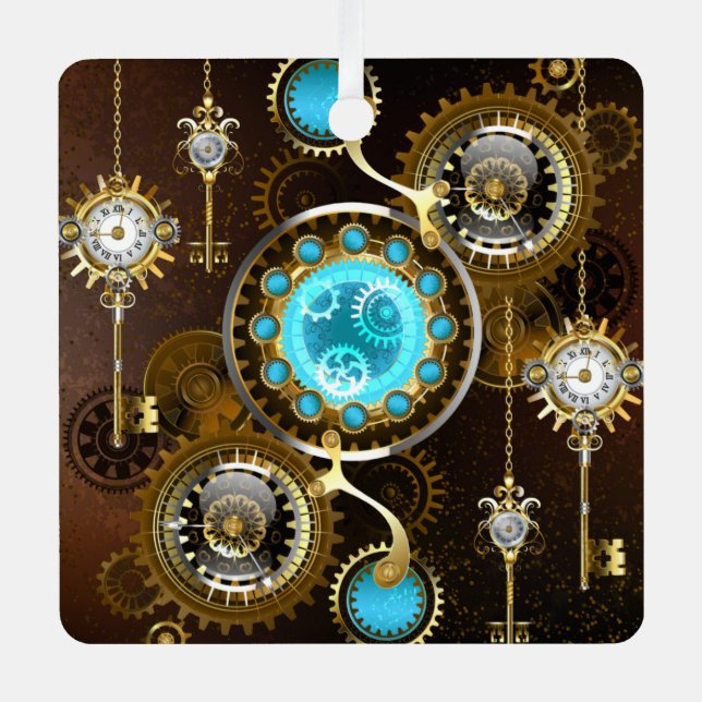 Steampunk Rusty Background with Turquoise Lenses Metal Ornament (Front)