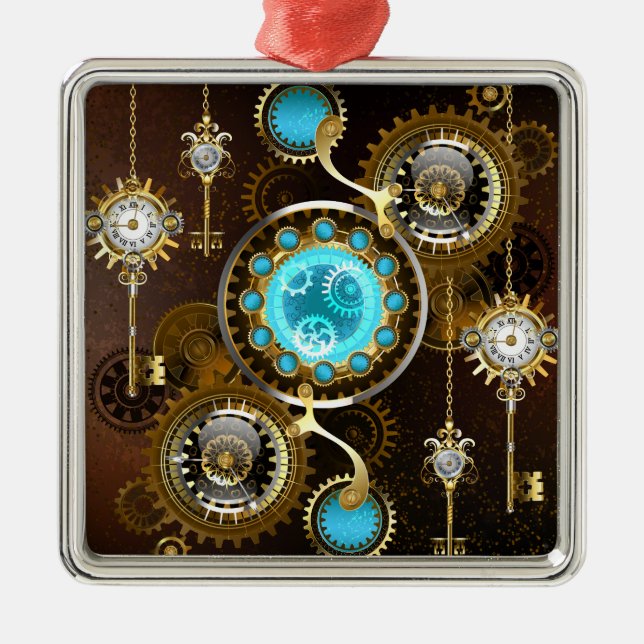 Steampunk Rusty Background with Turquoise Lenses Metal Ornament (Front)