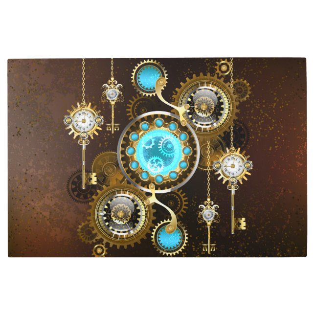 Steampunk Rusty Background with Turquoise Lenses Metal Print (Front)